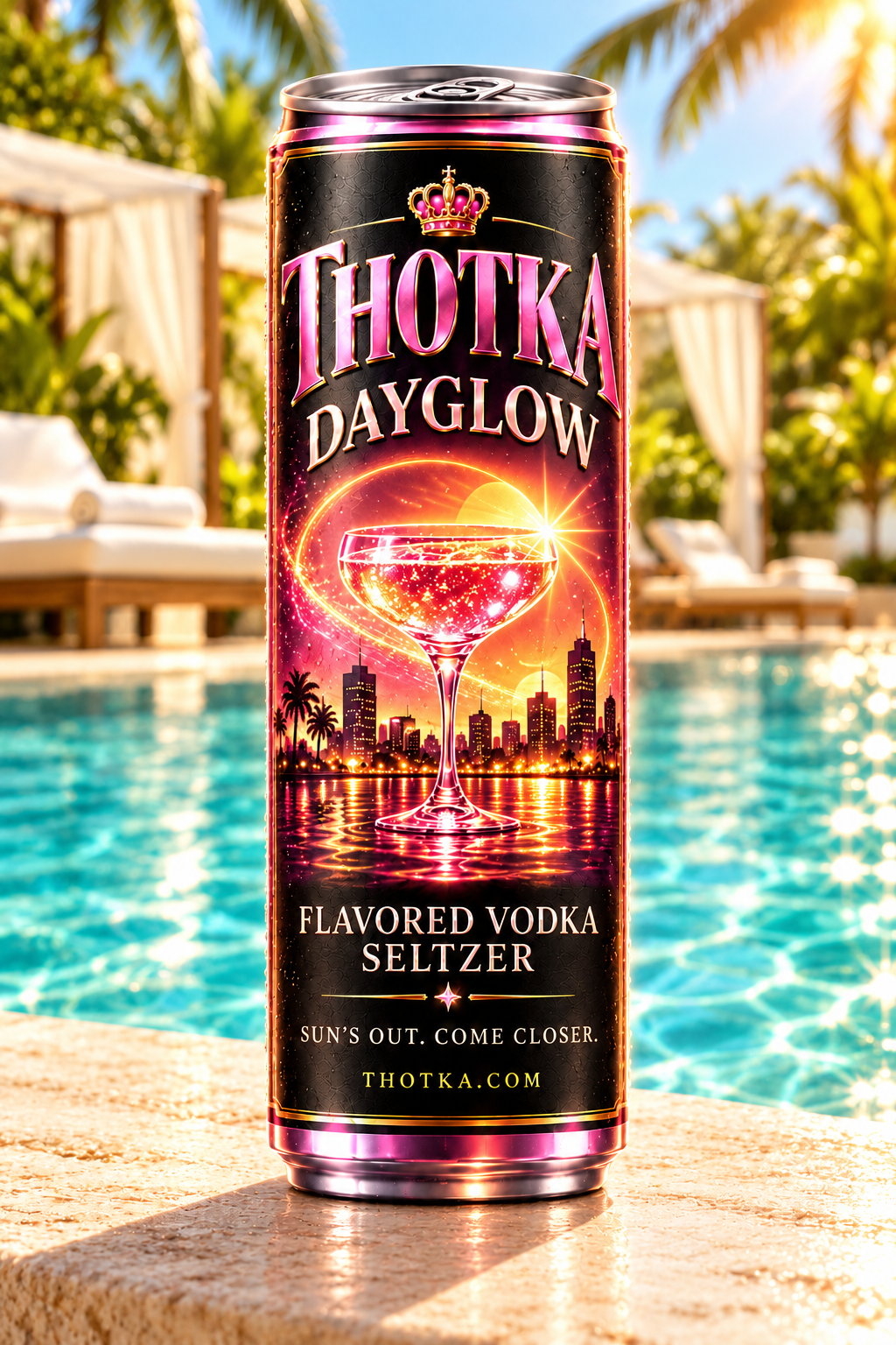 THOTKA Dayglow flavored vodka seltzer can beside a tropical swimming pool with palms and cabanas