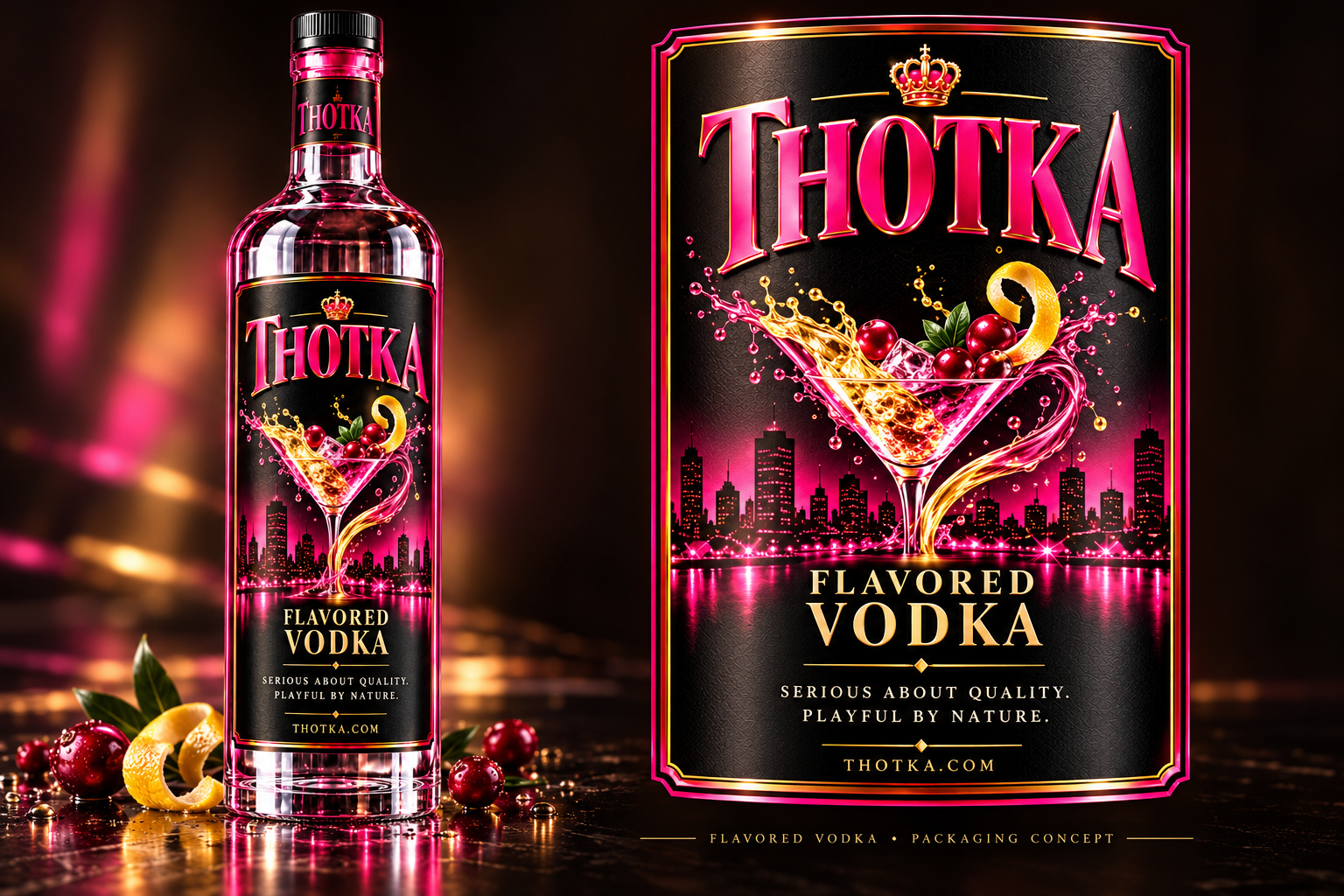 THOTKA flavored vodka bottle in pink and gold with citrus and cranberry accents